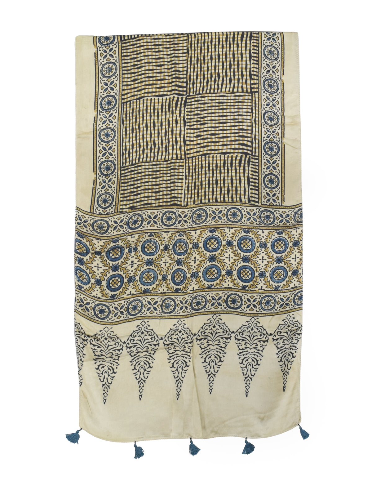 Ajrakh Modal Silk Natural Dye Hand Block Print Stole With Tassels - 2 Mtr Length   -  SKU : AI2783AI