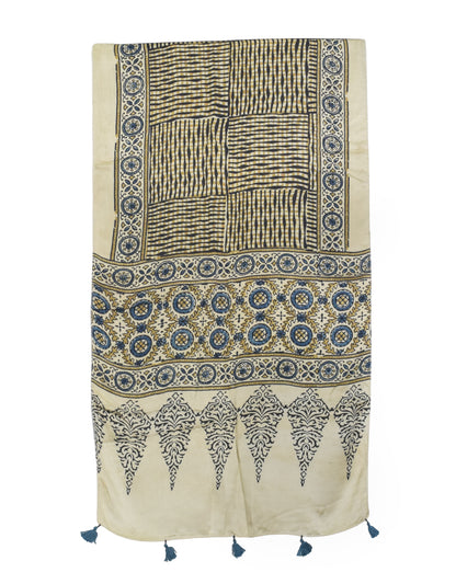 Ajrakh Modal Silk Natural Dye Hand Block Print Stole With Tassels - 2 Mtr Length   -  SKU : AI2783AI