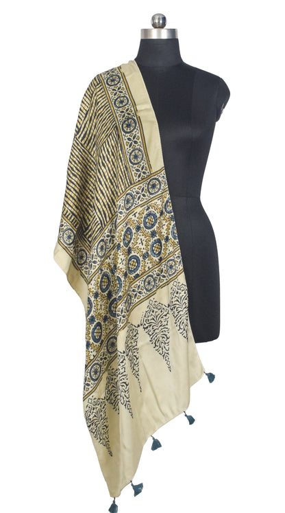 Ajrakh Modal Silk Natural Dye Hand Block Print Stole With Tassels - 2 Mtr Length   -  SKU : AI2783AI