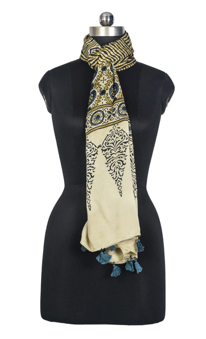 Ajrakh Modal Silk Natural Dye Hand Block Print Stole With Tassels - 2 Mtr Length   -  SKU : AI2783AI