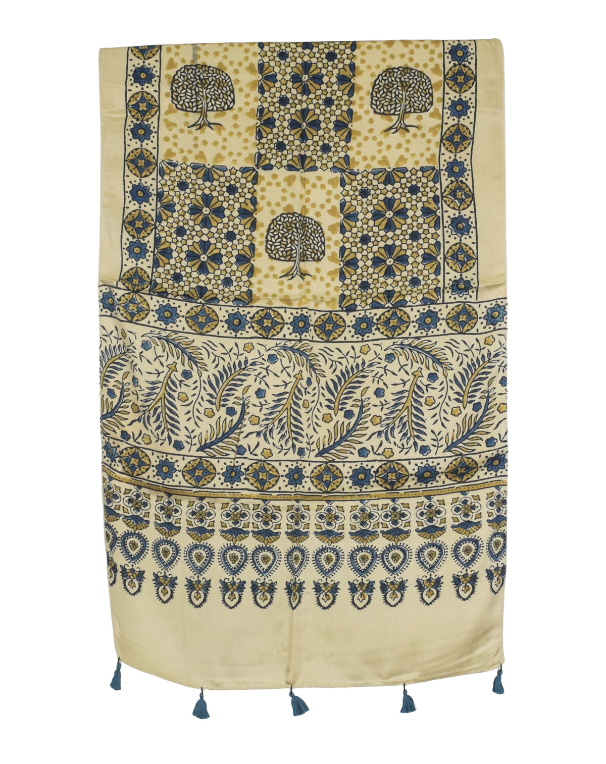 Ajrakh Modal Silk Natural Dye Hand Block Print Stole With Tassels - 2 Mtr Length   -  SKU : AI2783AJ