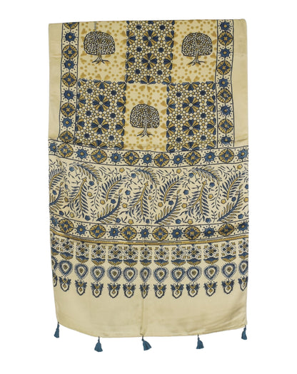 Ajrakh Modal Silk Natural Dye Hand Block Print Stole With Tassels - 2 Mtr Length   -  SKU : AI2783AJ
