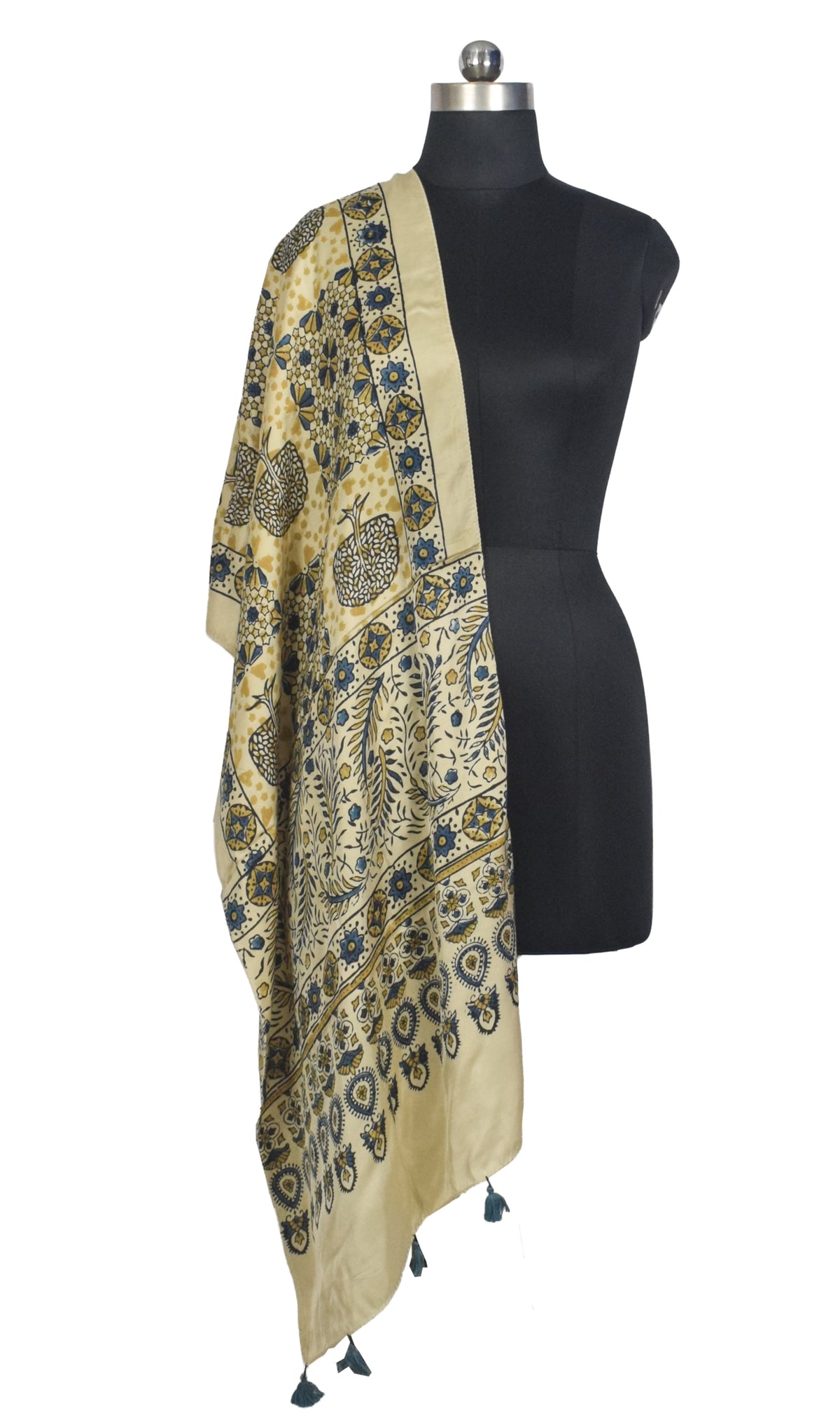 Ajrakh Modal Silk Natural Dye Hand Block Print Stole With Tassels - 2 Mtr Length   -  SKU : AI2783AJ