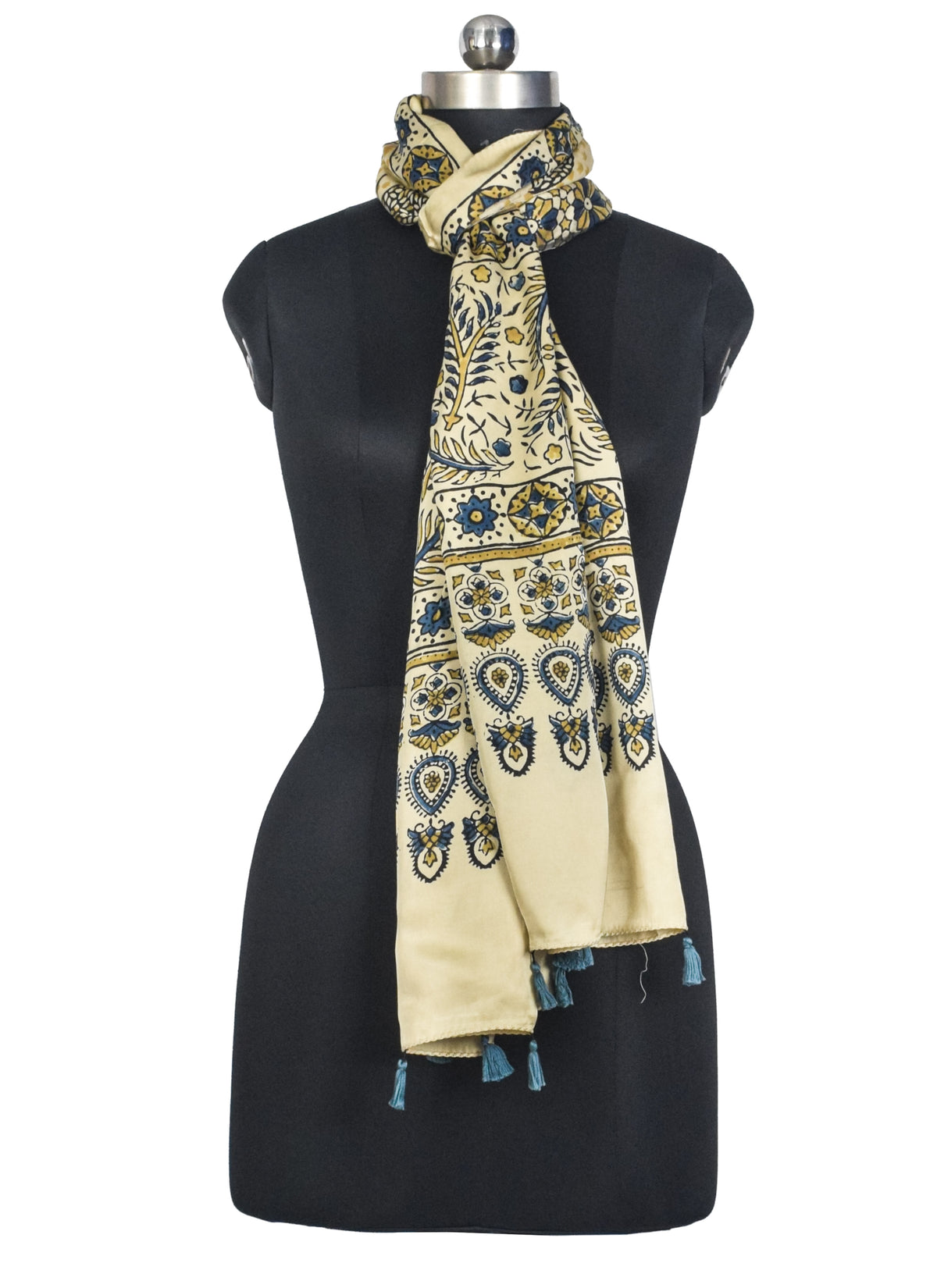 Ajrakh Modal Silk Natural Dye Hand Block Print Stole With Tassels - 2 Mtr Length   -  SKU : AI2783AJ