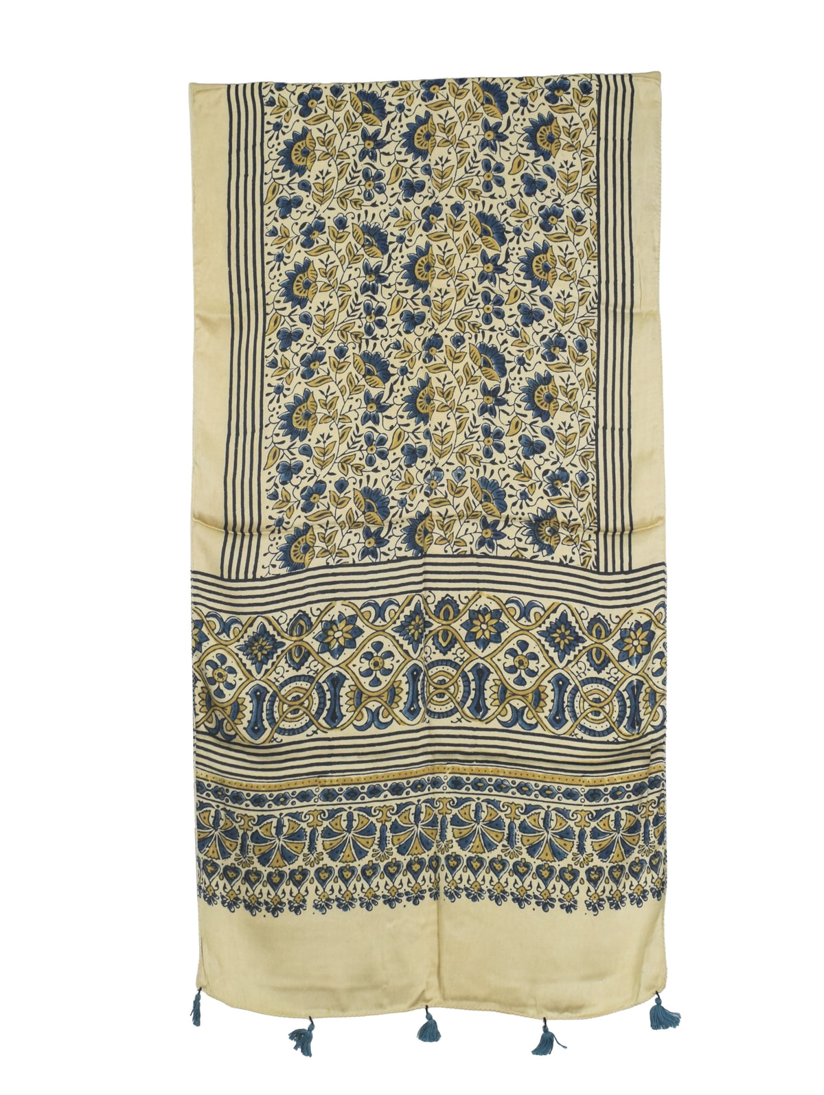 Ajrakh Modal Silk Natural Dye Hand Block Print Stole With Tassels - 2 Mtr Length   -  SKU : AI2783AK