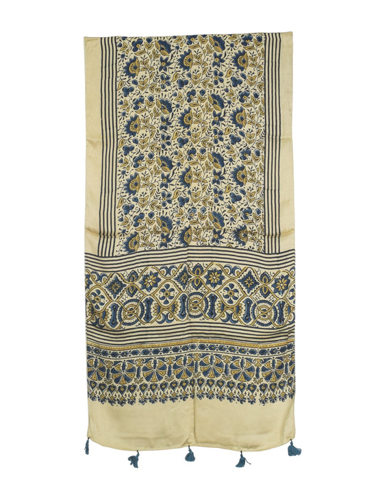 Ajrakh Modal Silk Natural Dye Hand Block Print Stole With Tassels - 2 Mtr Length   -  SKU : AI2783AK