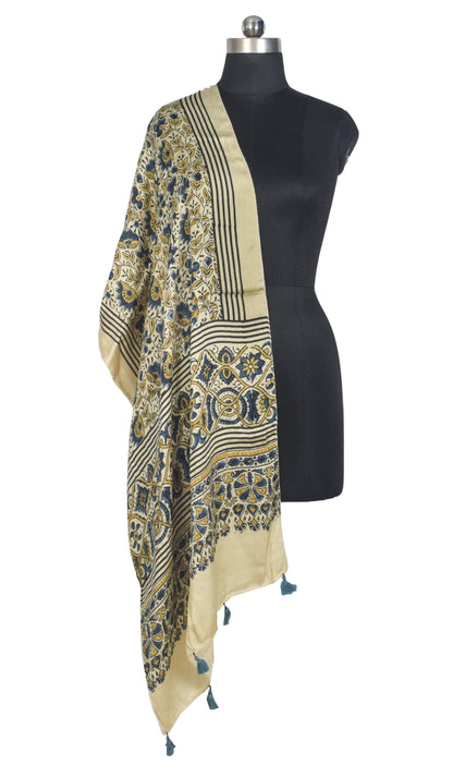 Ajrakh Modal Silk Natural Dye Hand Block Print Stole With Tassels - 2 Mtr Length   -  SKU : AI2783AK