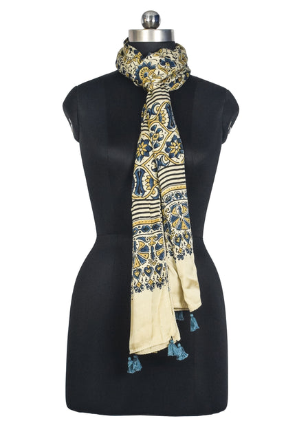 Ajrakh Modal Silk Natural Dye Hand Block Print Stole With Tassels - 2 Mtr Length   -  SKU : AI2783AK