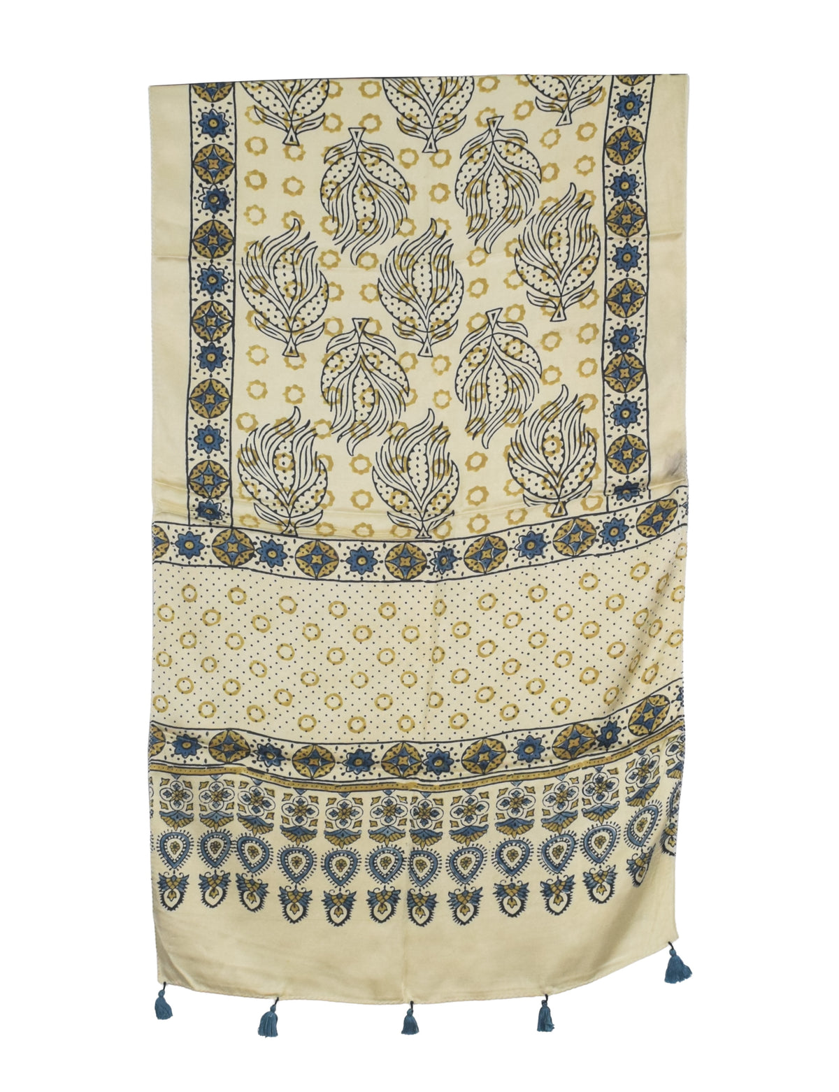 Ajrakh Modal Silk Natural Dye Hand Block Print Stole With Tassels - 2 Mtr Length   -  SKU : AI2783AL
