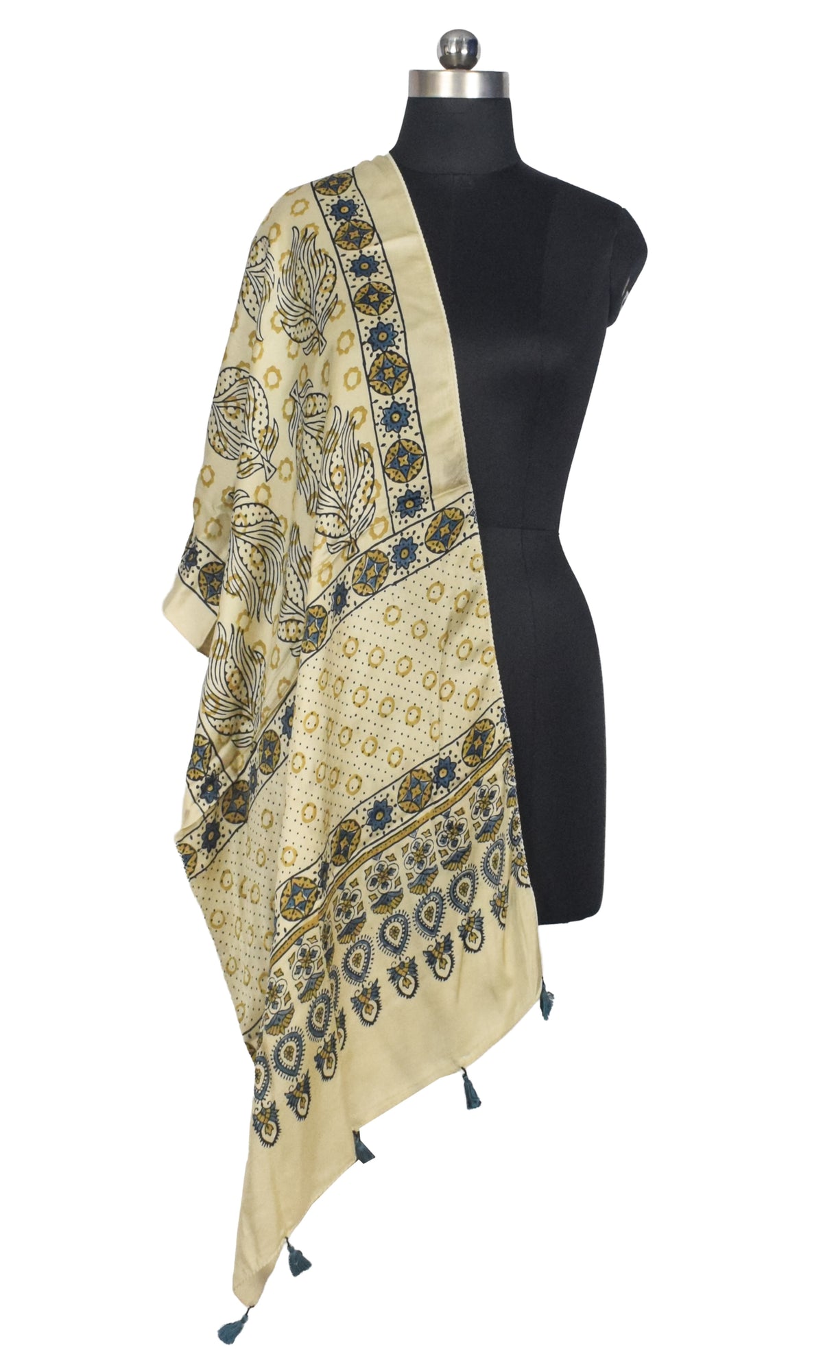 Ajrakh Modal Silk Natural Dye Hand Block Print Stole With Tassels - 2 Mtr Length   -  SKU : AI2783AL