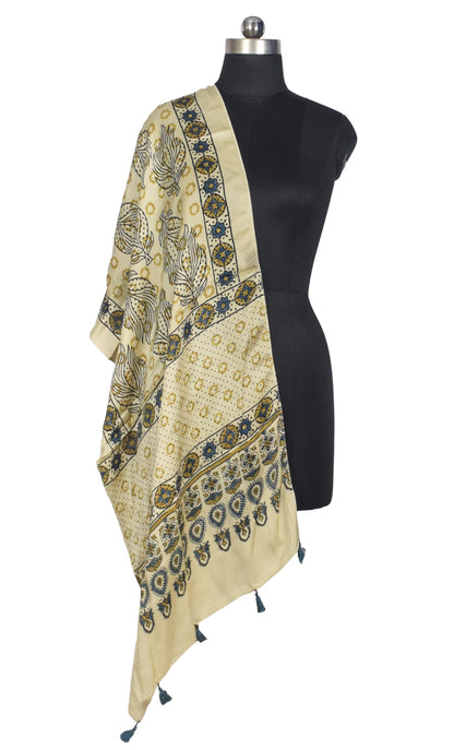 Ajrakh Modal Silk Natural Dye Hand Block Print Stole With Tassels - 2 Mtr Length   -  SKU : AI2783AL