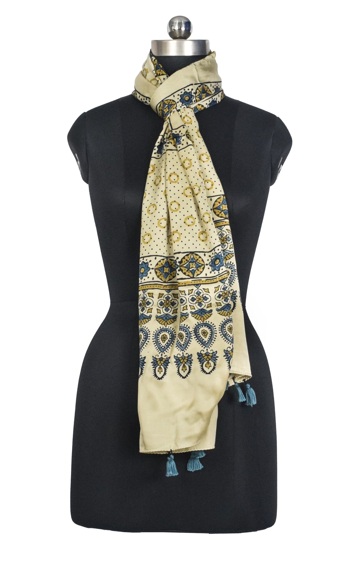Ajrakh Modal Silk Natural Dye Hand Block Print Stole With Tassels - 2 Mtr Length   -  SKU : AI2783AL