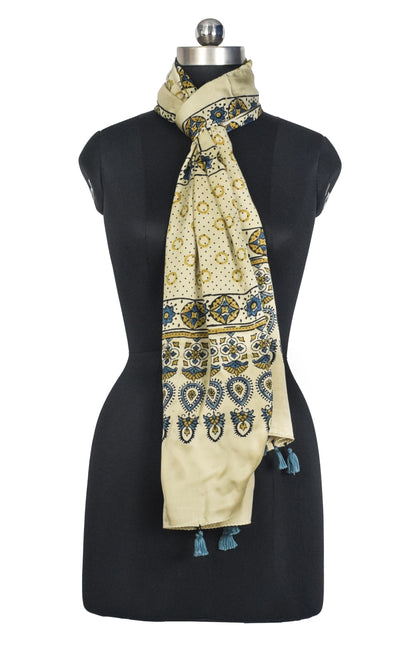 Ajrakh Modal Silk Natural Dye Hand Block Print Stole With Tassels - 2 Mtr Length   -  SKU : AI2783AL