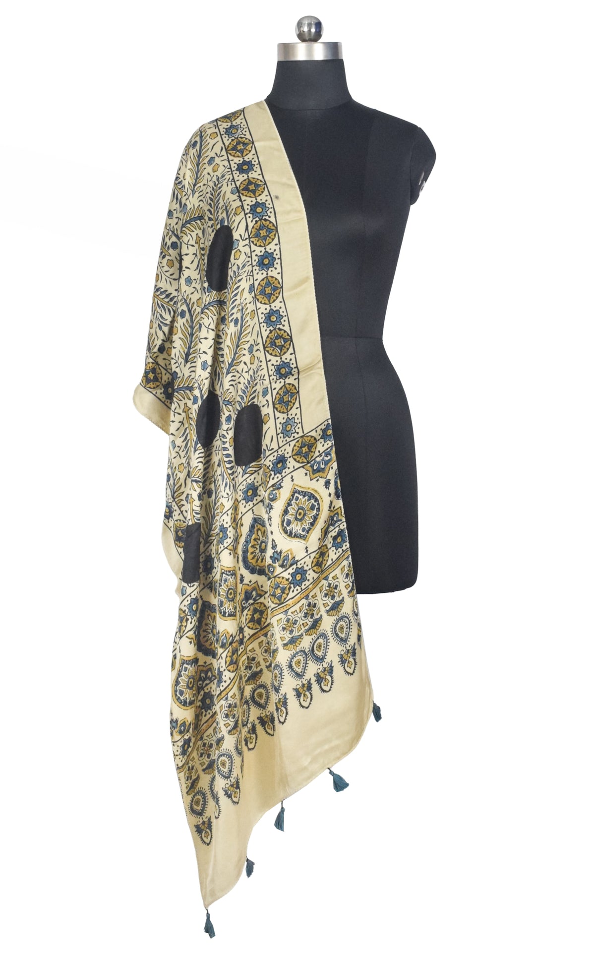 Ajrakh Modal Silk Natural Dye Hand Block Print Stole With Tassels - 2 Mtr Length   -  SKU : AI2783AM