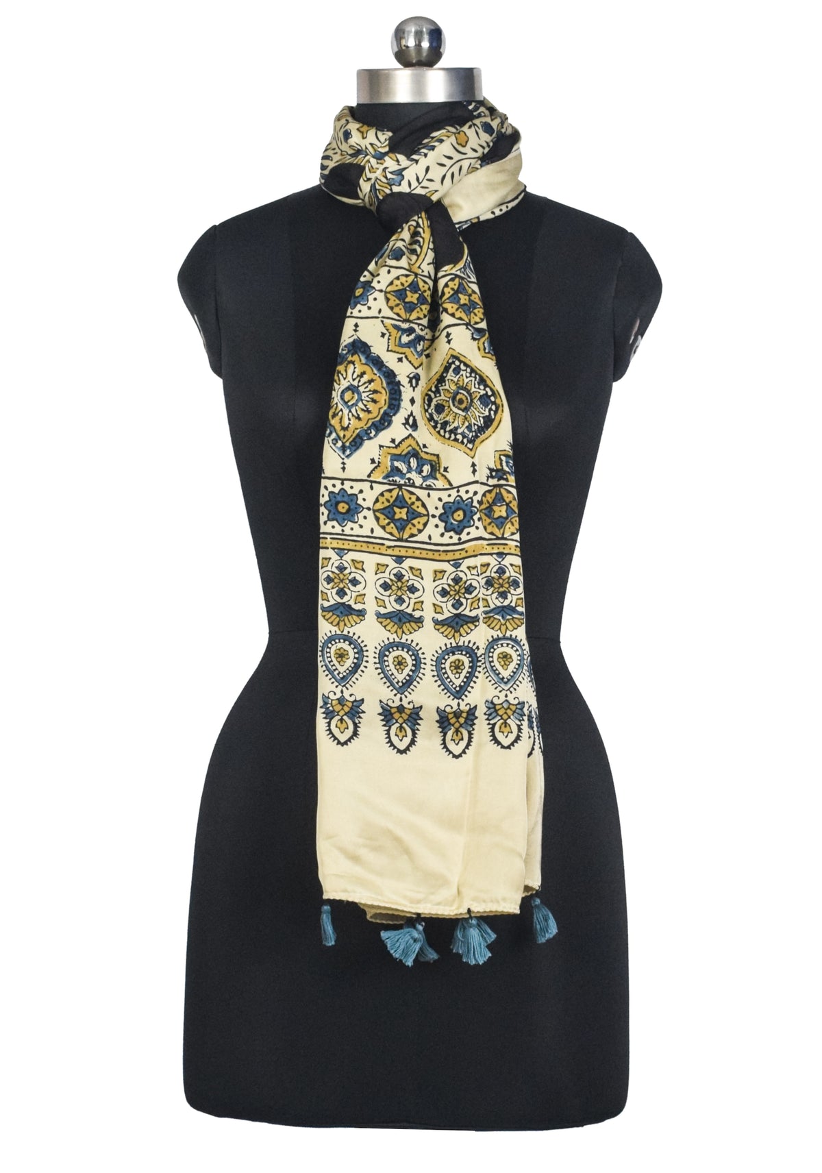 Ajrakh Modal Silk Natural Dye Hand Block Print Stole With Tassels - 2 Mtr Length   -  SKU : AI2783AM