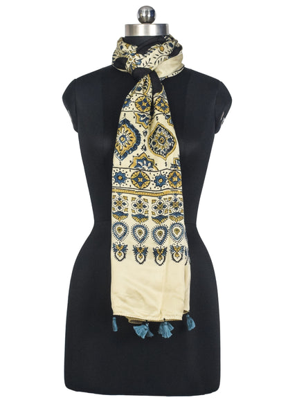 Ajrakh Modal Silk Natural Dye Hand Block Print Stole With Tassels - 2 Mtr Length   -  SKU : AI2783AM