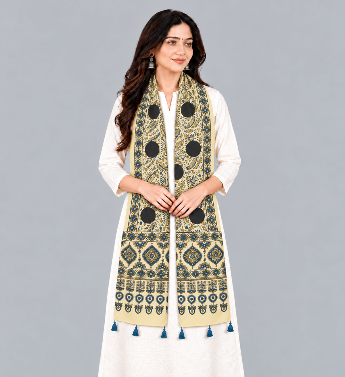 Ajrakh Modal Silk Natural Dye Hand Block Print Stole With Tassels - 2 Mtr Length   -  SKU : AI2783AM