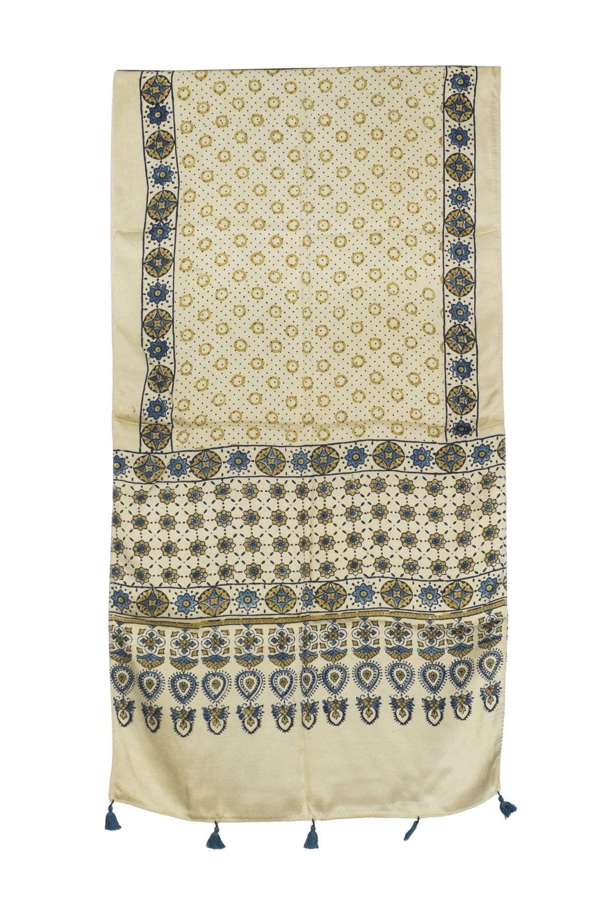 Ajrakh Modal Silk Natural Dye Hand Block Print Stole With Tassels - 2 Mtr Length   -  SKU : AI2783AN