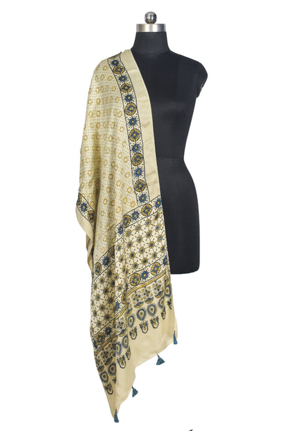 Ajrakh Modal Silk Natural Dye Hand Block Print Stole With Tassels - 2 Mtr Length   -  SKU : AI2783AN