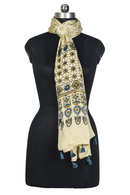 Ajrakh Modal Silk Natural Dye Hand Block Print Stole With Tassels - 2 Mtr Length   -  SKU : AI2783AN