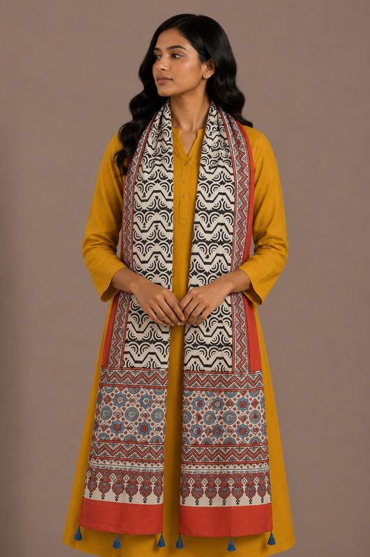 Ajrakh Modal Silk Natural Dye Hand Block Print Stole With Tassels - 2 Mtr Length    -  SKU : EK11A01L