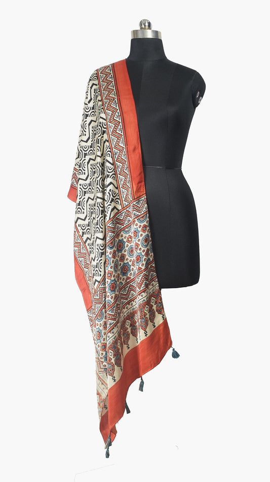 Ajrakh Modal Silk Natural Dye Hand Block Print Stole With Tassels - 2 Mtr Length    -  SKU : EK11A01L