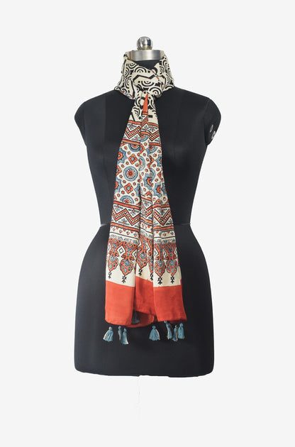 Ajrakh Modal Silk Natural Dye Hand Block Print Stole With Tassels - 2 Mtr Length    -  SKU : EK11A01L