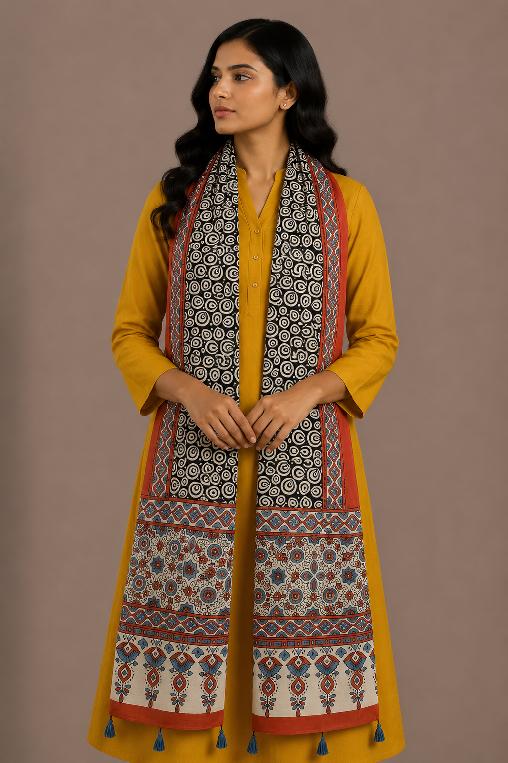 Ajrakh Modal Silk Natural Dye Hand Block Print Stole With Tassels - 2 Mtr Length    -  SKU : EK11A01M