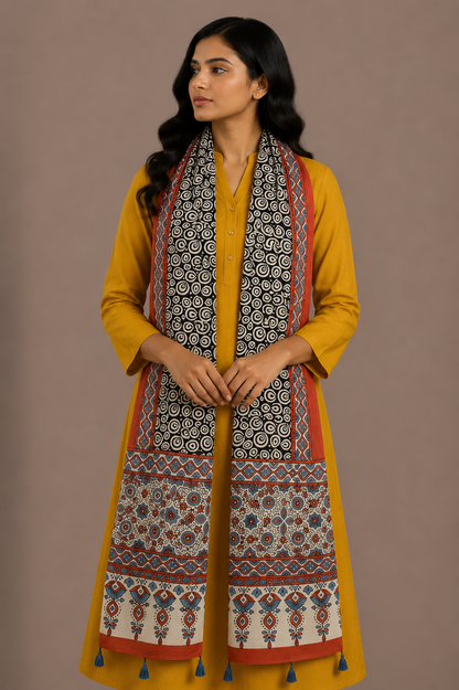 Ajrakh Modal Silk Natural Dye Hand Block Print Stole With Tassels - 2 Mtr Length    -  SKU : EK11A01M