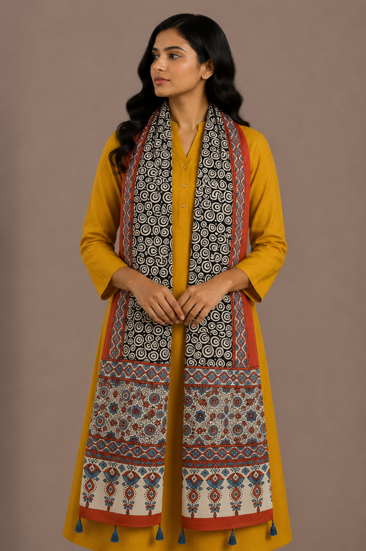 Ajrakh Modal Silk Natural Dye Hand Block Print Stole With Tassels - 2 Mtr Length    -  SKU : EK11A01M