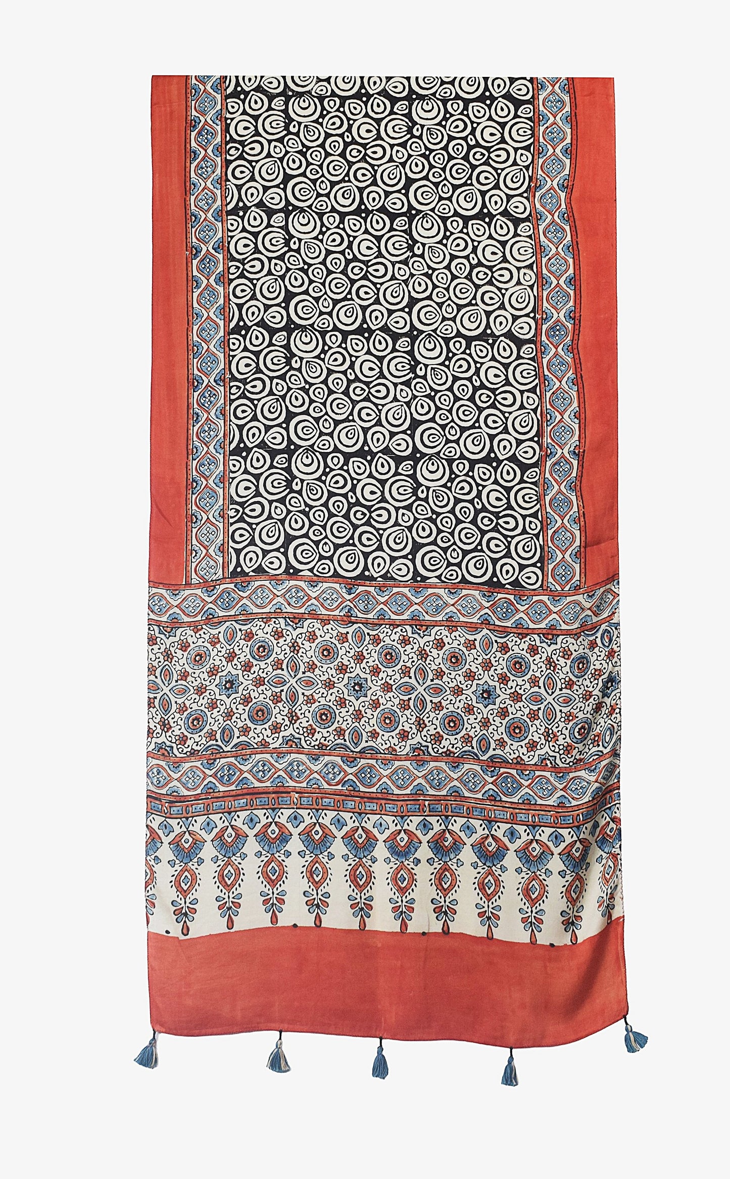 Ajrakh Modal Silk Natural Dye Hand Block Print Stole With Tassels - 2 Mtr Length    -  SKU : EK11A01M