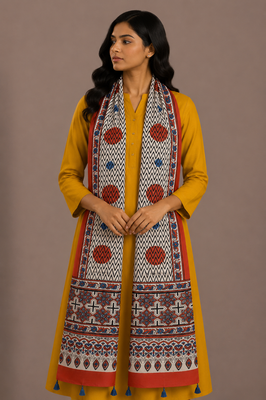 Ajrakh Modal Silk Natural Dye Hand Block Print Stole With Tassels - 2 Mtr Length    -  SKU : EK11A01N