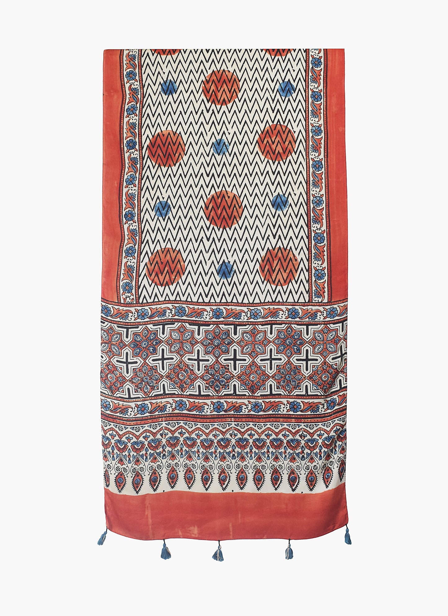 Ajrakh Modal Silk Natural Dye Hand Block Print Stole With Tassels - 2 Mtr Length    -  SKU : EK11A01N