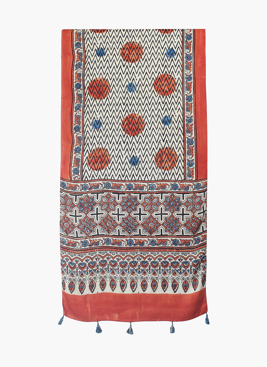 Ajrakh Modal Silk Natural Dye Hand Block Print Stole With Tassels - 2 Mtr Length    -  SKU : EK11A01N