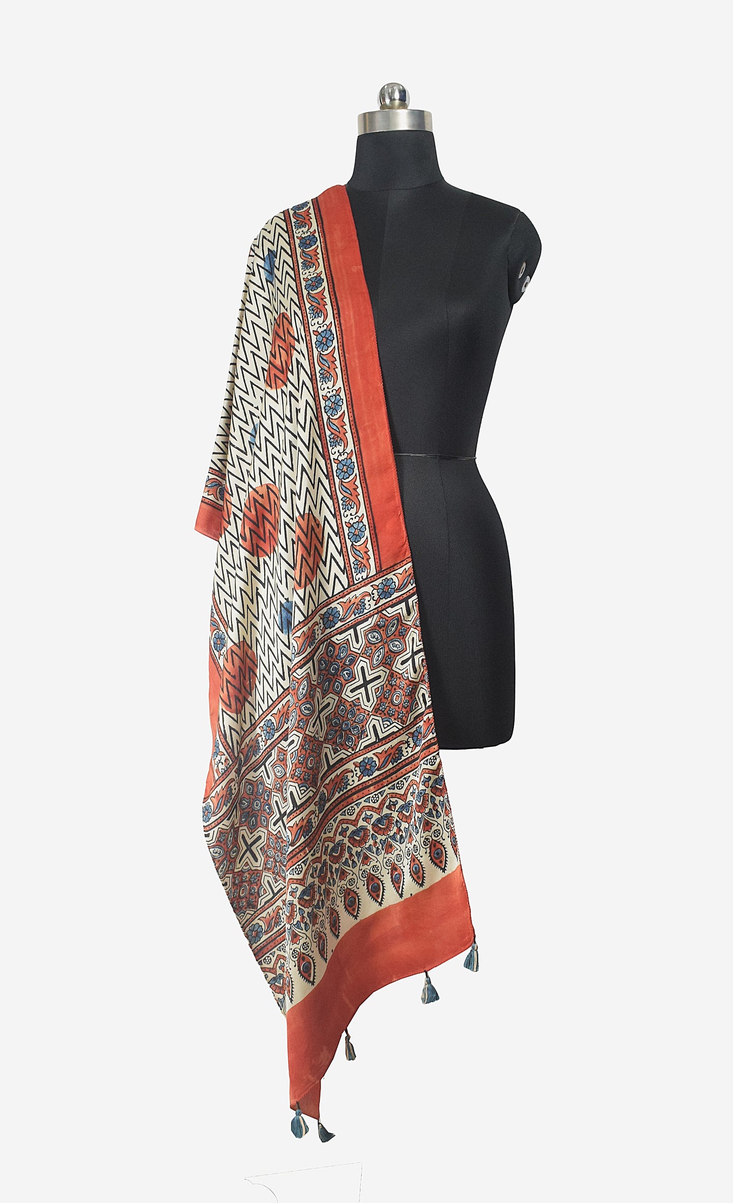 Ajrakh Modal Silk Natural Dye Hand Block Print Stole With Tassels - 2 Mtr Length    -  SKU : EK11A01N