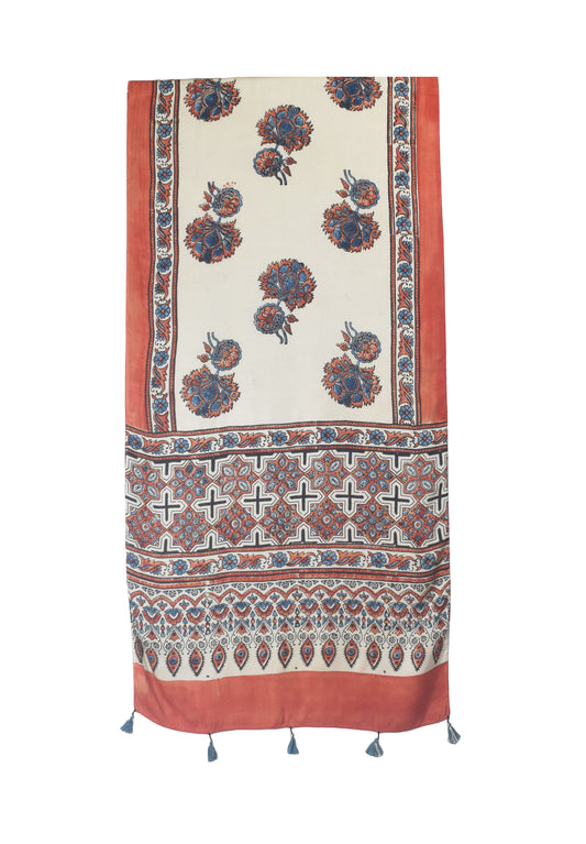 Ajrakh Modal Silk Natural Dye Hand Block Print Stole With Tassels - 2 Mtr Length    -  SKU : EK11A0AA