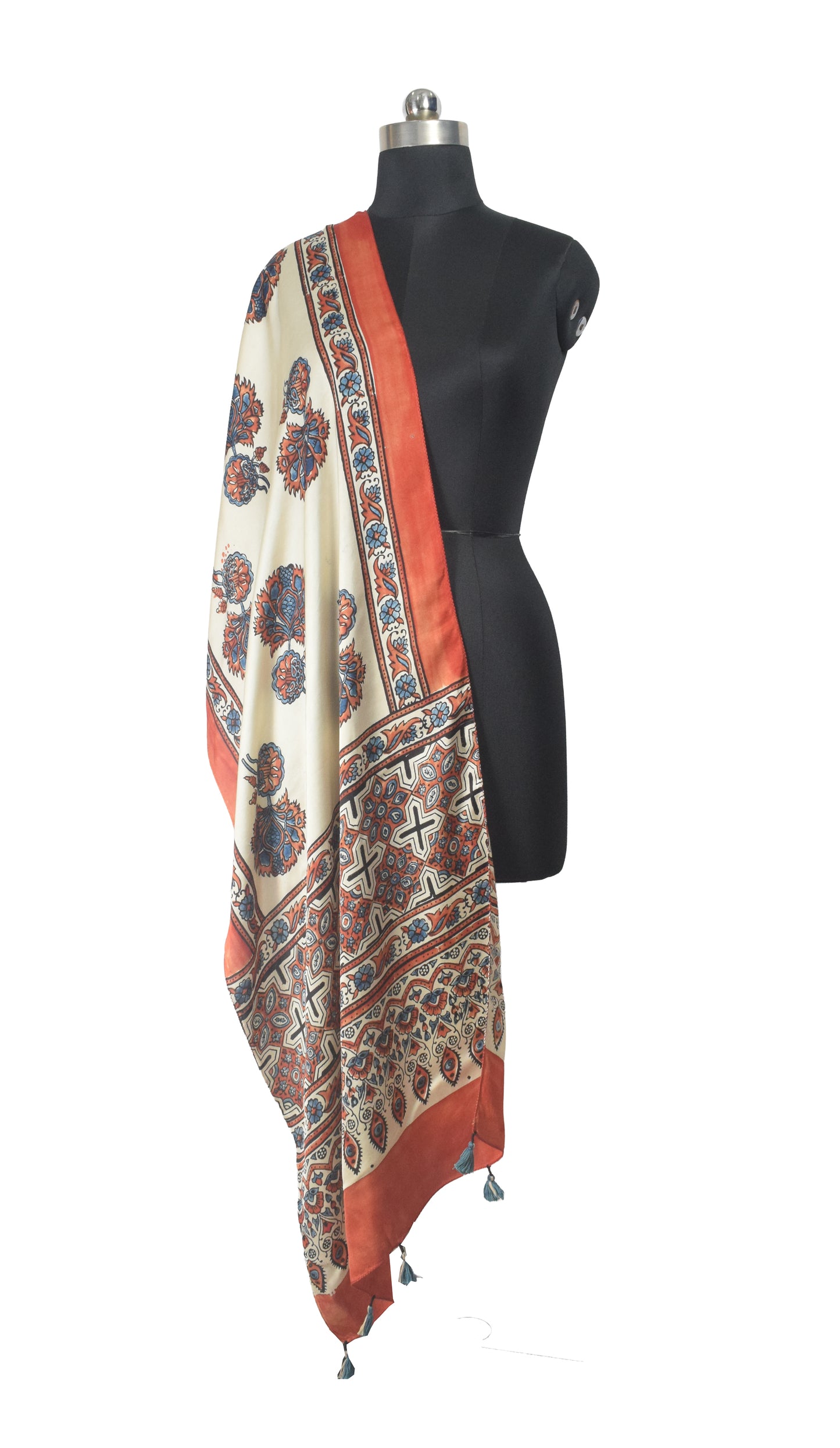 Ajrakh Modal Silk Natural Dye Hand Block Print Stole With Tassels - 2 Mtr Length    -  SKU : EK11A0AA
