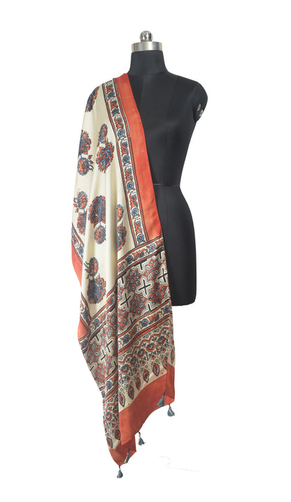 Ajrakh Modal Silk Natural Dye Hand Block Print Stole With Tassels - 2 Mtr Length    -  SKU : EK11A0AA