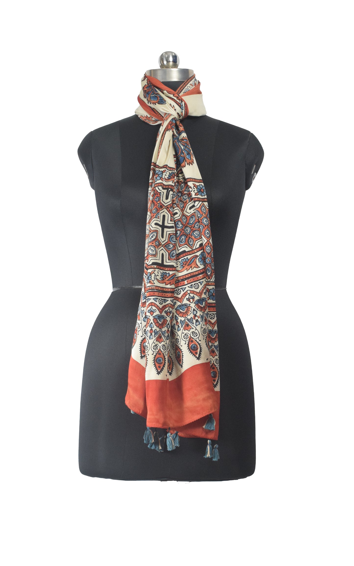 Ajrakh Modal Silk Natural Dye Hand Block Print Stole With Tassels - 2 Mtr Length    -  SKU : EK11A0AA