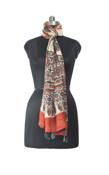Ajrakh Modal Silk Natural Dye Hand Block Print Stole With Tassels - 2 Mtr Length    -  SKU : EK11A0AA
