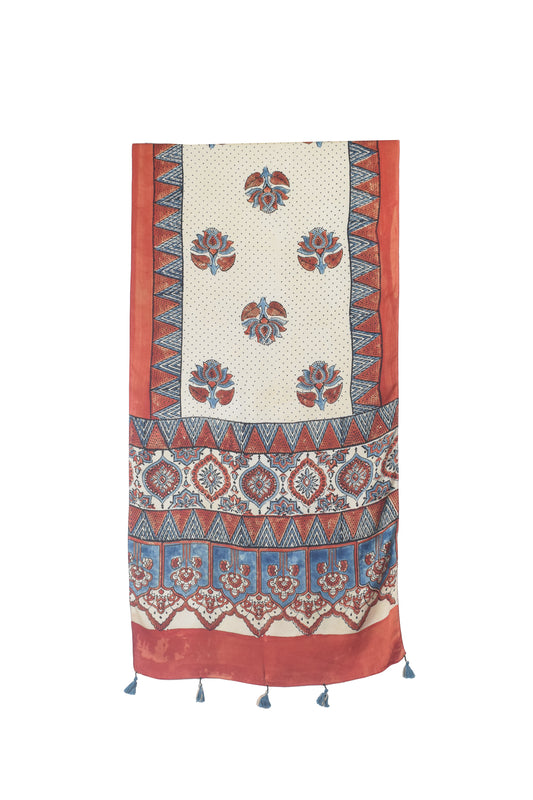 Ajrakh Modal Silk Natural Dye Hand Block Print Stole With Tassels - 2 Mtr Length    -  SKU : EK11A0AB
