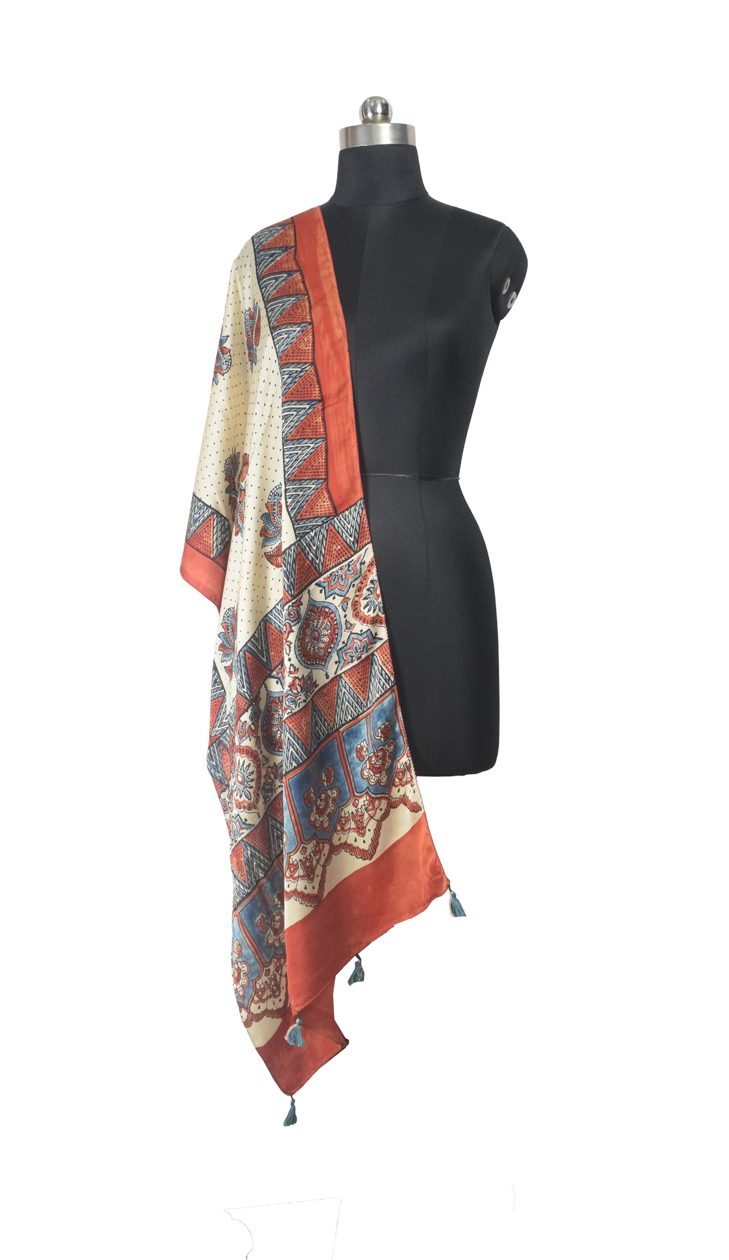 Ajrakh Modal Silk Natural Dye Hand Block Print Stole With Tassels - 2 Mtr Length    -  SKU : EK11A0AB