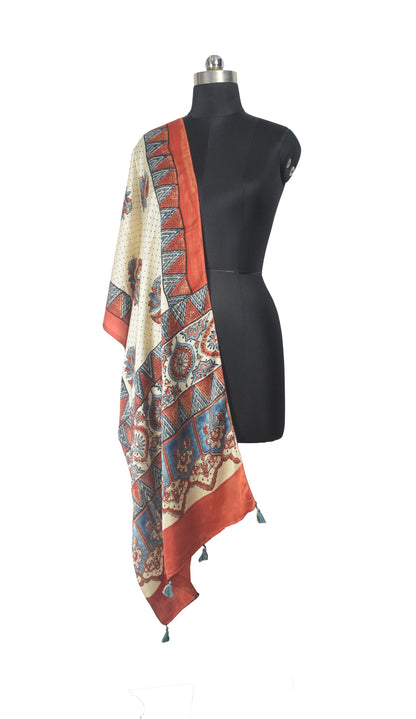 Ajrakh Modal Silk Natural Dye Hand Block Print Stole With Tassels - 2 Mtr Length    -  SKU : EK11A0AB