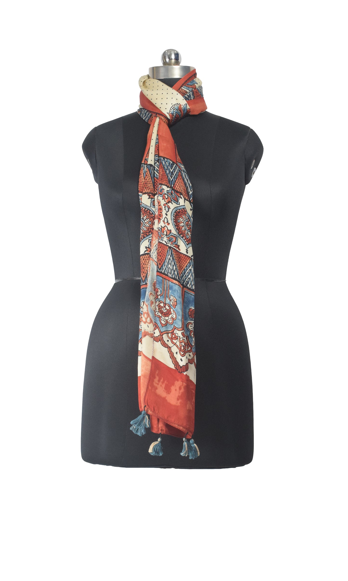 Ajrakh Modal Silk Natural Dye Hand Block Print Stole With Tassels - 2 Mtr Length    -  SKU : EK11A0AB