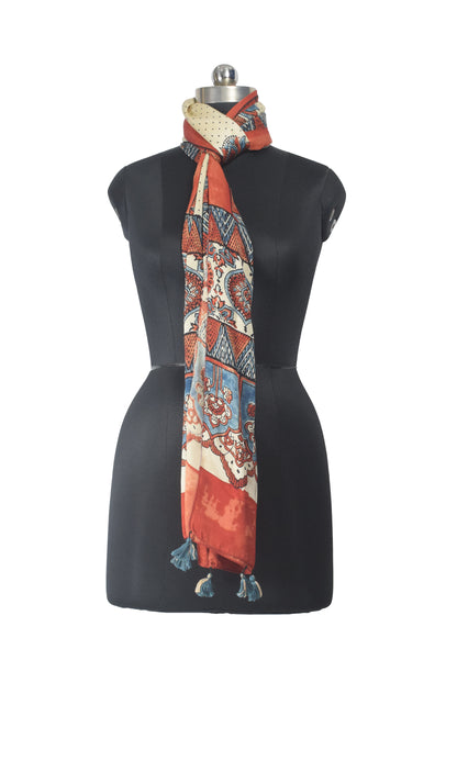Ajrakh Modal Silk Natural Dye Hand Block Print Stole With Tassels - 2 Mtr Length    -  SKU : EK11A0AB