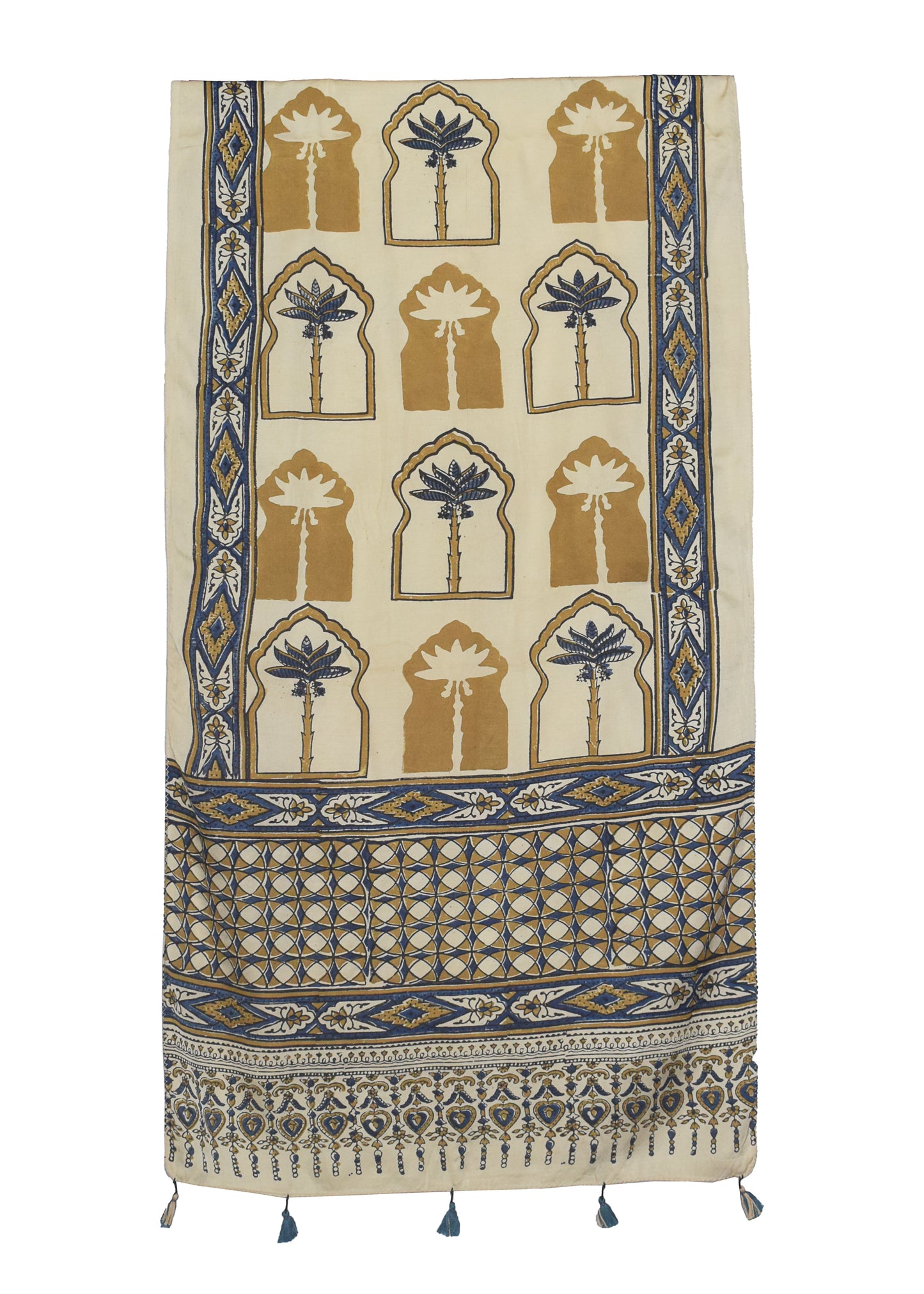 Ajrakh Modal Silk Natural Dye Hand Block Print Stole With Tassels - 2 Mtr Length    -  SKU : ID07C01H