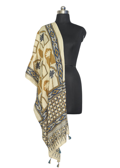 Ajrakh Modal Silk Natural Dye Hand Block Print Stole With Tassels - 2 Mtr Length    -  SKU : ID07C01H