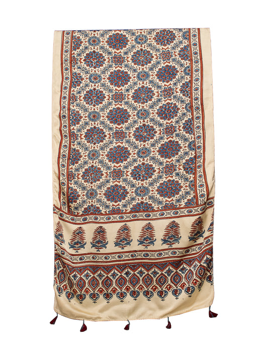 Ajrakh Modal Silk Natural Dye Hand Block Print Stole With Tassels - 2 Mtr Length    -  SKU : MS12A0AH