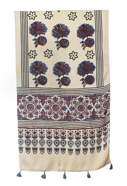 Ajrakh Modal Silk Natural Dye Hand Block Print Stole With Tassels - 2 Mtr Length   -  SKU : EK2890AL