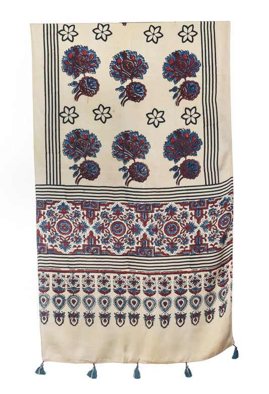 Ajrakh Modal Silk Natural Dye Hand Block Print Stole With Tassels - 2 Mtr Length   -  SKU : EK2890AL